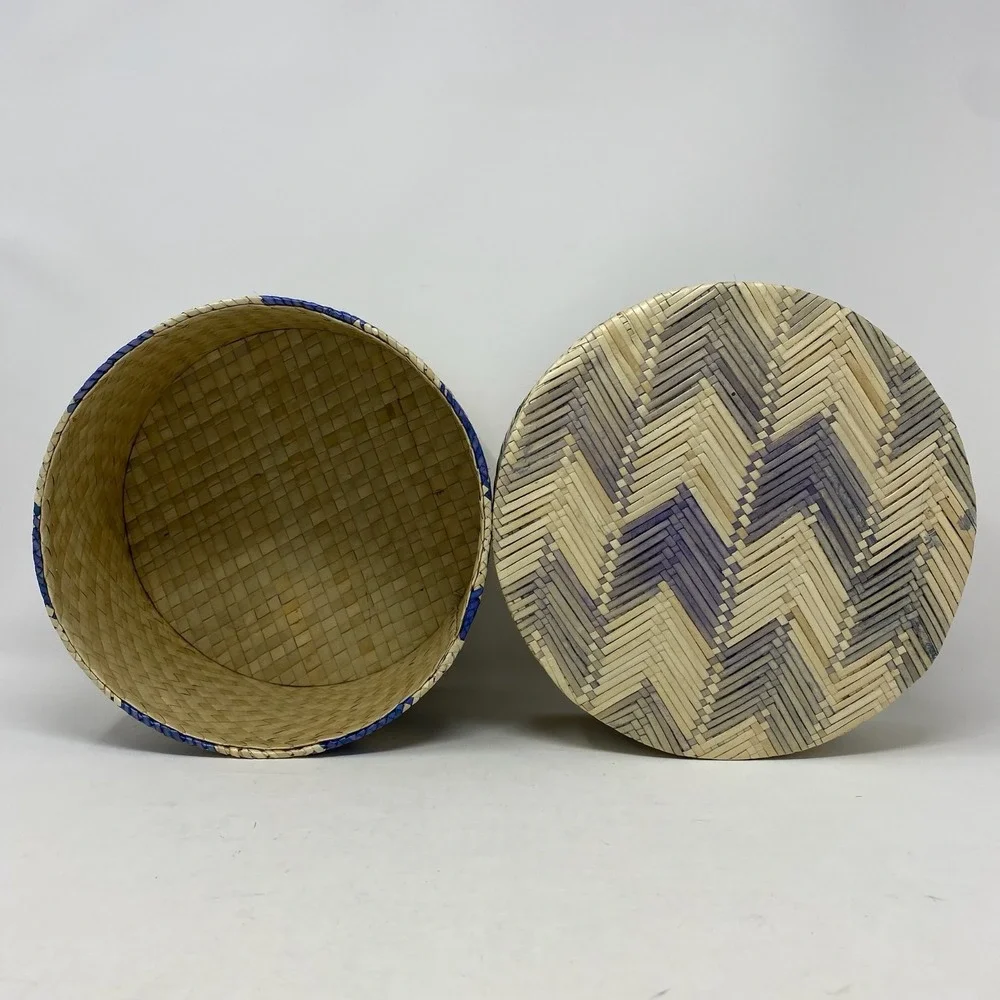 Anthropologie Woven Container Round Bamboo Lid Blue Chevron Stripe Indonesia